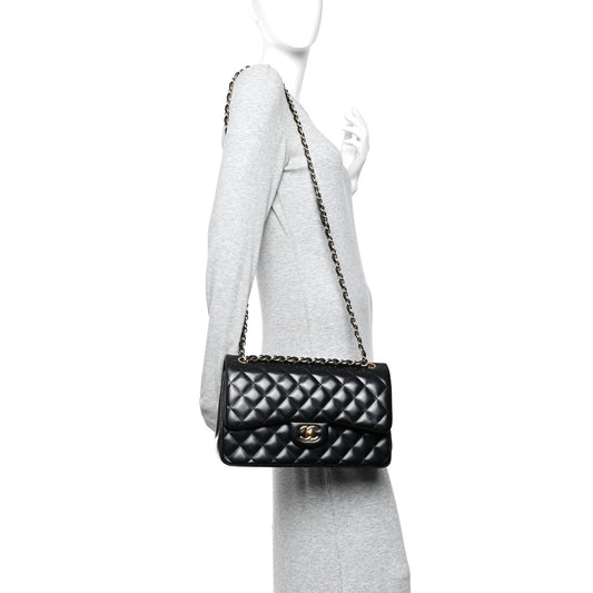 Lambskin Quilted Jumbo Double Flap Black