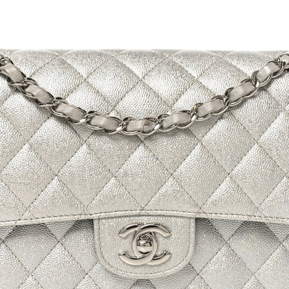 Glittered Metallic Caviar Quilted Medium Double Flap Silver