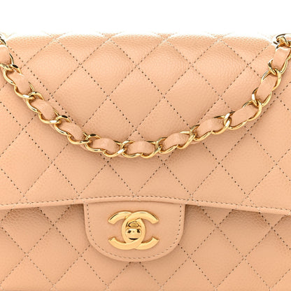 Caviar Quilted Medium Double Flap Beige