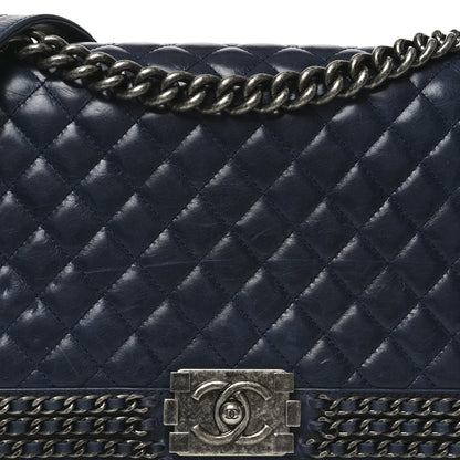 Glazed Calfskin Quilted New Medium Boy Chained Flap Navy