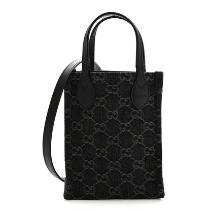 Denim Cuoio Harness GG Monogram Mini Ophidia Tote Bag Black Medium Grey