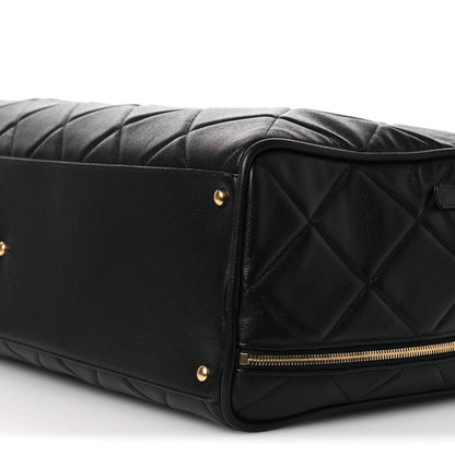 Shiny Grained Calfskin Quilted Large Travel Bowling Bag Black