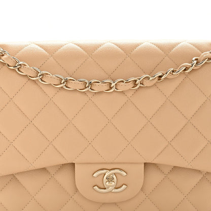 Caviar Quilted Jumbo Double Flap Beige