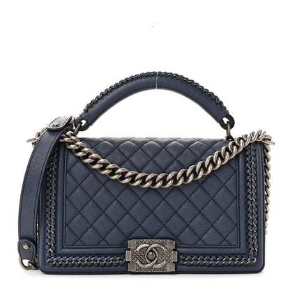 Lambskin Quilted Medium Top Handle Boy Flap Blue