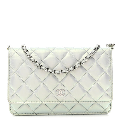 Iridescent Calfskin Quilted Wallet On Chain WOC Light Blue