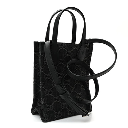 Denim Cuoio Harness GG Monogram Mini Ophidia Tote Bag Black Medium Grey