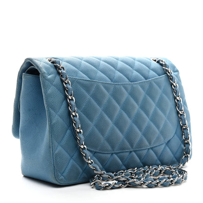 Iridescent Caviar Quilted Jumbo Double Flap Blue