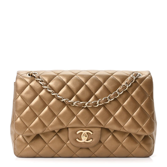 Metallic Lambskin Quilted Jumbo Double Flap Khaki