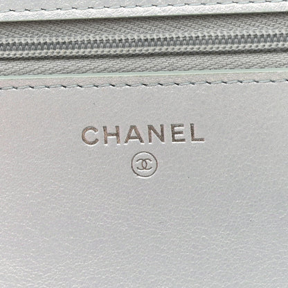 Iridescent Calfskin Quilted Wallet On Chain WOC Light Blue