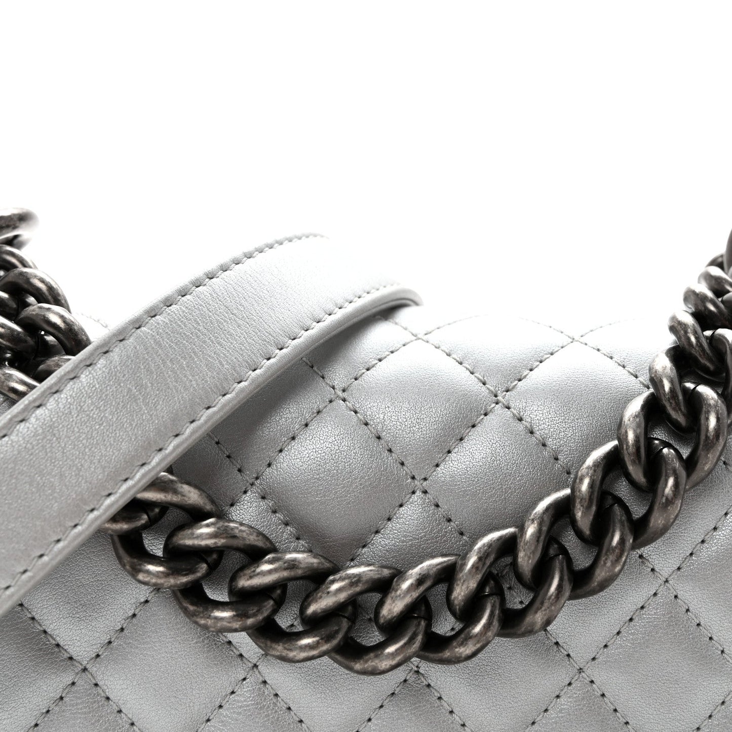 Metallic Calfskin Quilted Small Boy Flap Silver