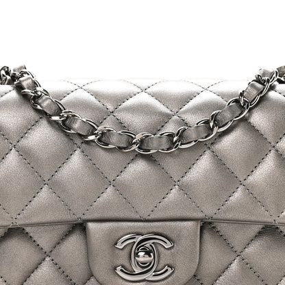 Metallic Lambskin Quilted Mini Rectangular Flap Silver