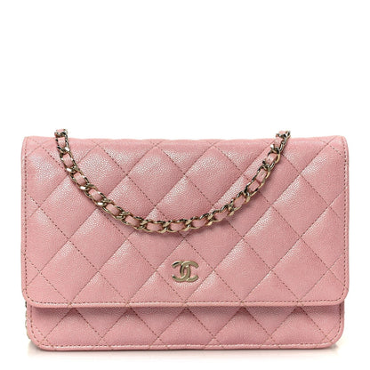 Iridescent Caviar Quilted Wallet on Chain WOC Rose Pink
