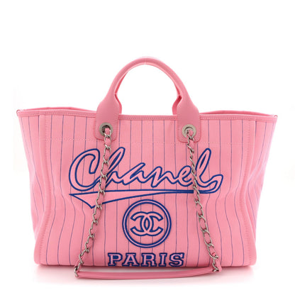 Canvas Calfskin Striped Large Deauville Tote Pink Blue