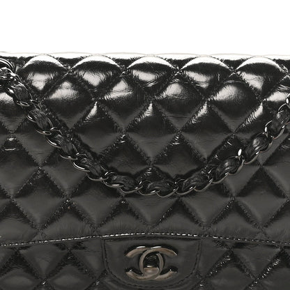 Shiny Crumpled Calfskin Quilted Medium Double Flap So Black