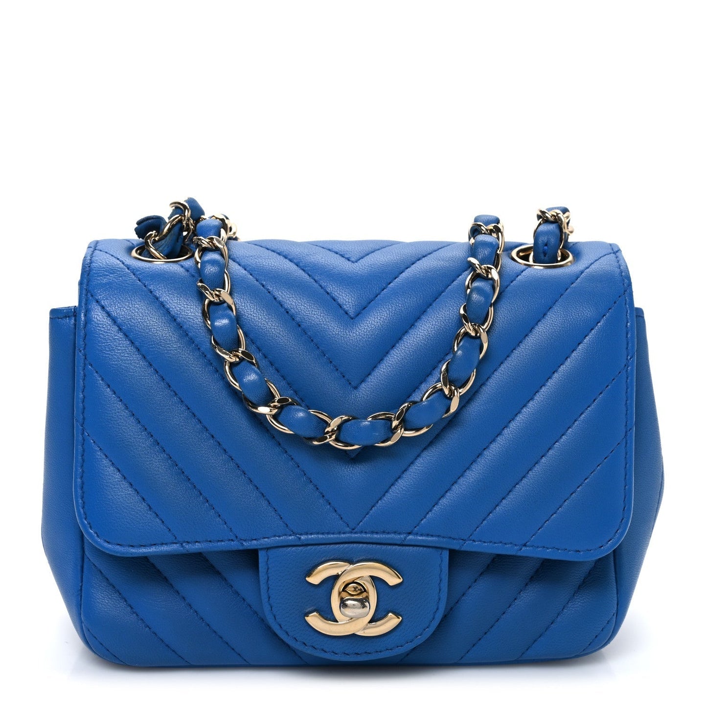 Lambskin Chevron Quilted Mini Square Flap Blue