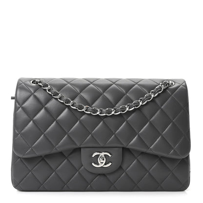 Lambskin Quilted Jumbo Double Flap Dark Grey