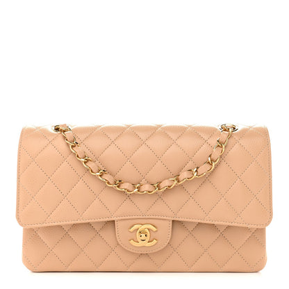 Caviar Quilted Medium Double Flap Beige