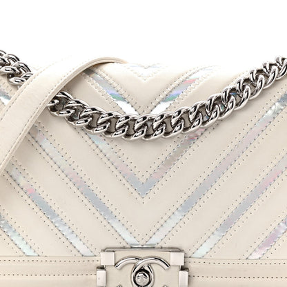 Lambskin Iridescent PVC Chevron Quilted Medium Boy Flap White Silver