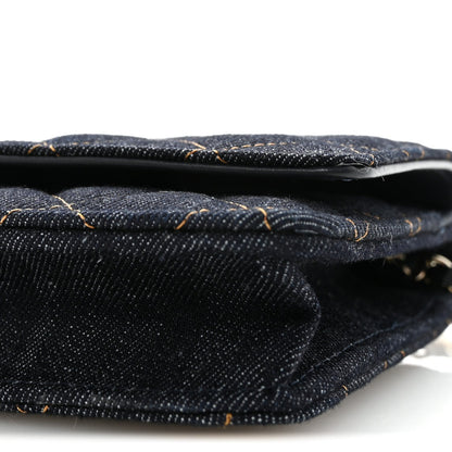 Denim Quilted CC Turnlock Wallet On Chain WOC Dark Blue Orange