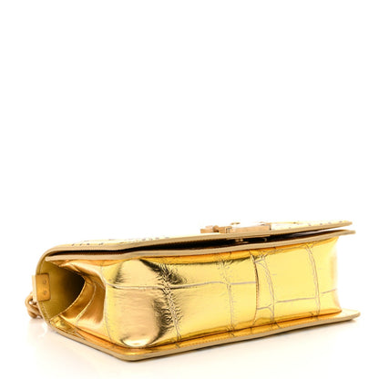Metallic Calfskin Crocodile Embossed Graffiti Medium Cocodile Boy Flap Gold