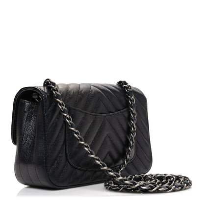 Metallic Caviar Chevron Quilted Mini Rectangular Flap Black