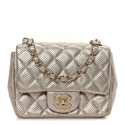 Metallic Lambskin Perforated Mini Square Flap Light Pink