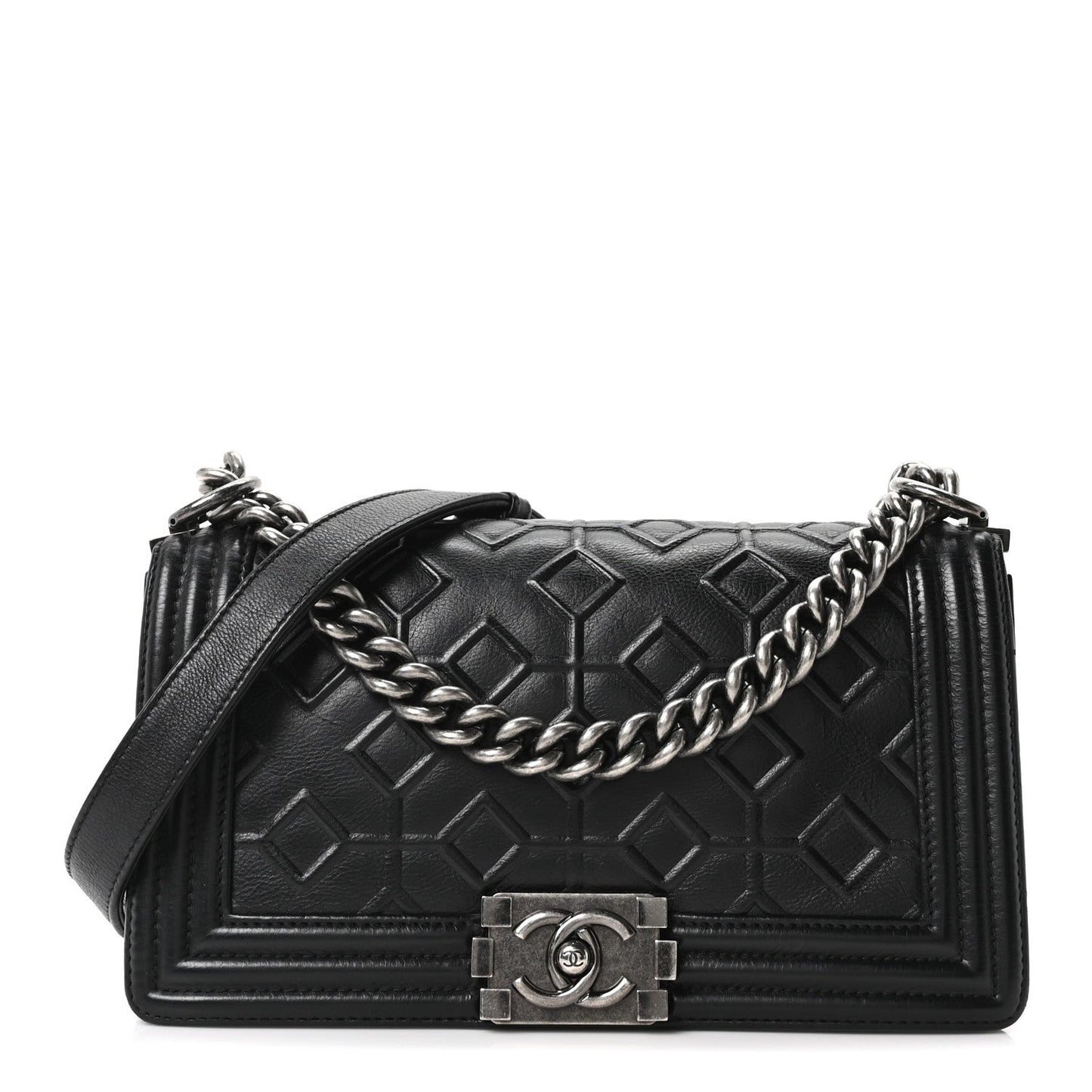 Calfskin Crystal Embossed Medium Boy Flap Black