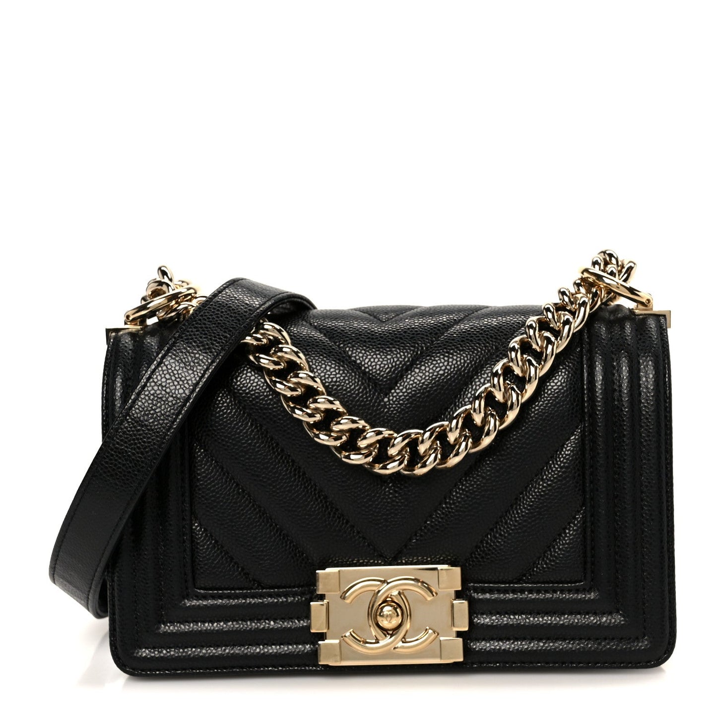 Caviar Chevron Quilted Small Boy Flap Black
