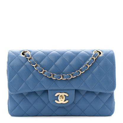 Caviar Quilted Small Double Flap Blue