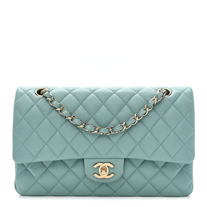 Caviar Quilted Medium Double Flap Light Blue