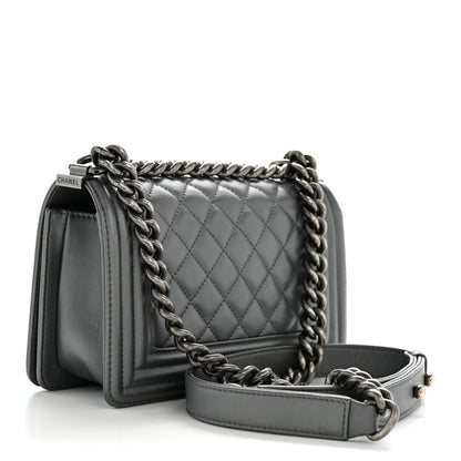 Metallic Calfskin Quilted Small Boy Flap Dark Silver
