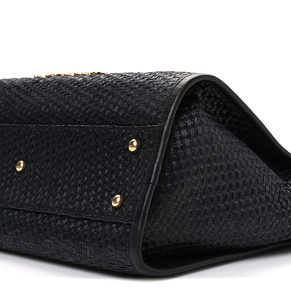 Straw Raffia Calfskin Chain Small Deauville Tote Black