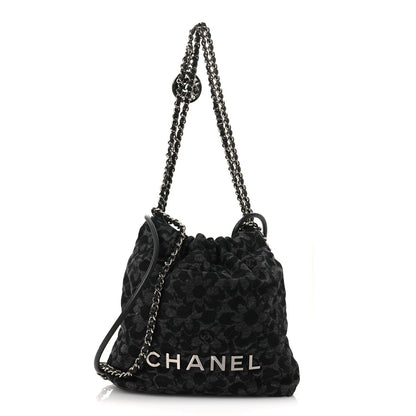 Denim Quilted Floral Print Mini Chanel 22 Black Grey