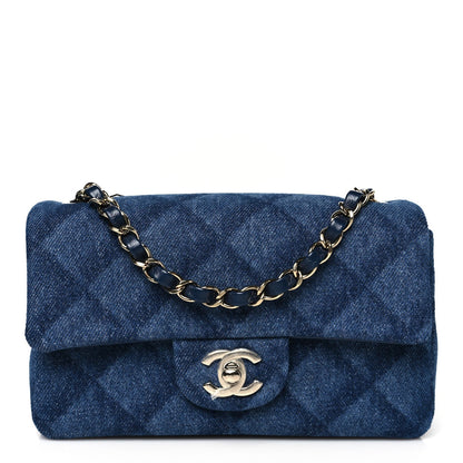 Printed Denim Quilted Mini Rectangular Flap Dark Blue
