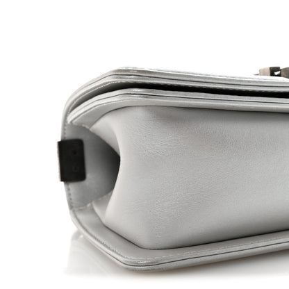 Metallic Calfskin Quilted Small Boy Flap Silver