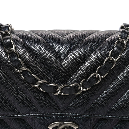 Metallic Caviar Chevron Quilted Mini Rectangular Flap Black