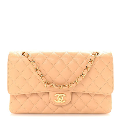 Caviar Quilted Medium Double Flap Beige