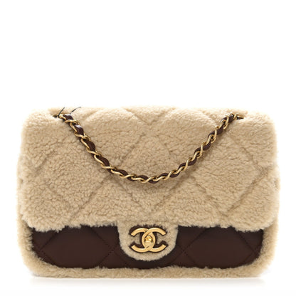 Shearling Lambskin Quilted Furry Coco Flap Dark Brown Beige