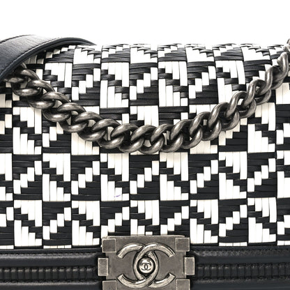 Calfskin Woven Medium Boy Flap Black White
