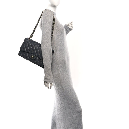 Caviar Quilted Jumbo Double Flap Dark Grey