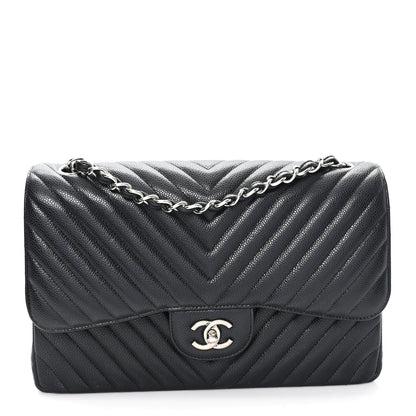 Caviar Chevron Quilted Jumbo Double Flap Black