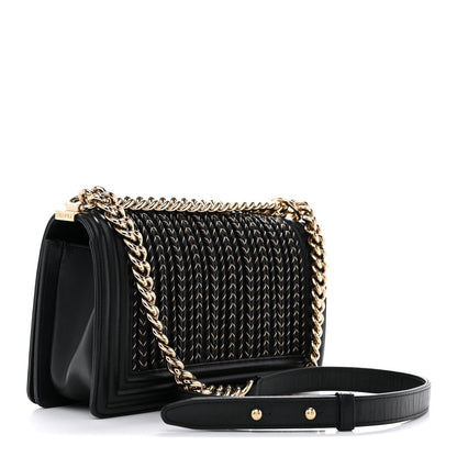 Calfskin Braided Medium Boy Flap Black