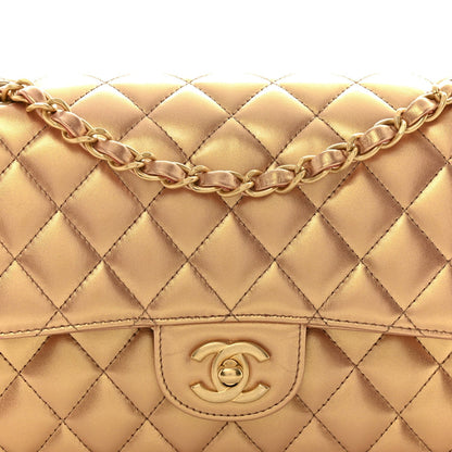 Metallic Lambskin Quilted Medium Double Flap Golden