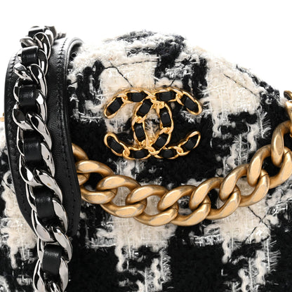 Wool Tweed Lambskin Quilted Chanel 19 Round Clutch With Chain and Coin Purse Black White