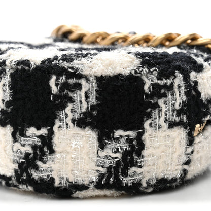 Wool Tweed Lambskin Quilted Chanel 19 Round Clutch With Chain and Coin Purse Black White