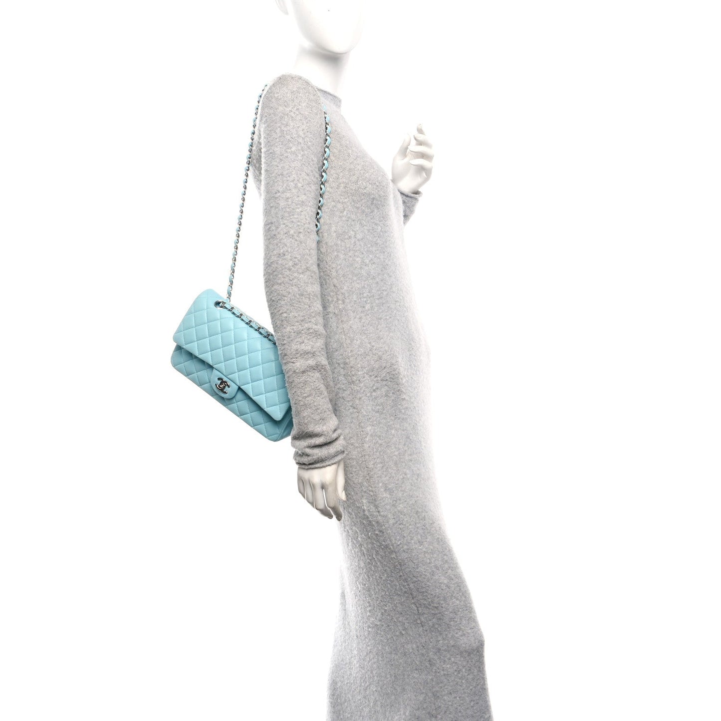Lambskin Quilted Medium Double Flap Light Blue