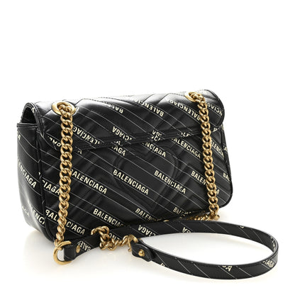 X BALENCIAGA Calfskin Matelasse Logo Print Small GG Marmont Shoulder Bag Black