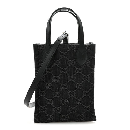 Denim Cuoio Harness GG Monogram Mini Ophidia Tote Bag  Black Medium Grey