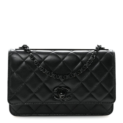 Lambskin Quilted Trendy CC Wallet On Chain WOC So Black