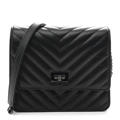 Aged Calfskin Chevron Quilted Reissue 2.55 Square Wallet On Chain WOC So Black